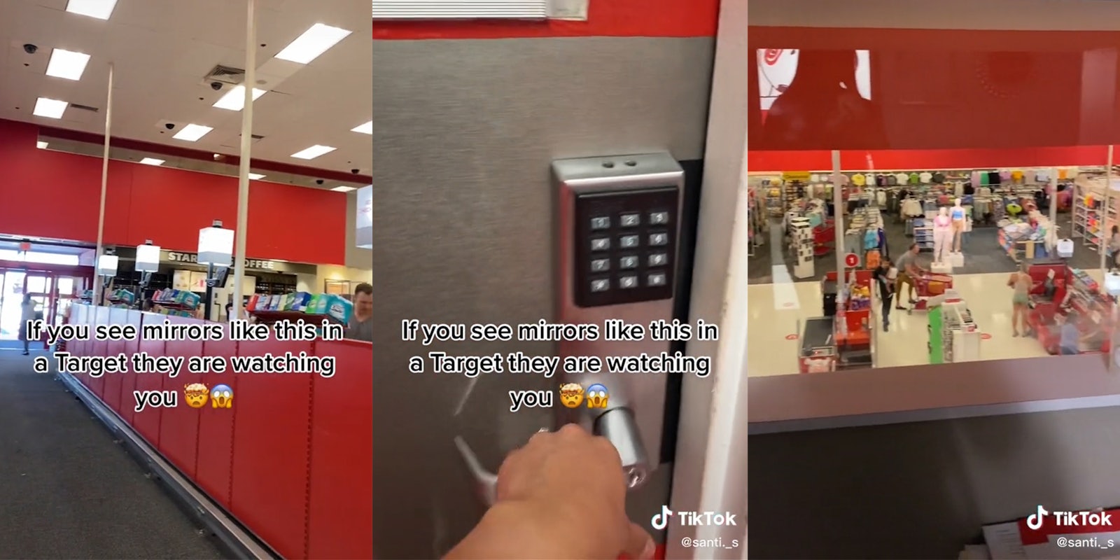 Target checkout with caption 'if you see mirrors like this in a Target they are watching you' (l) hand on electronic lock handle (c) shoppers at checkout as seen from above (r)