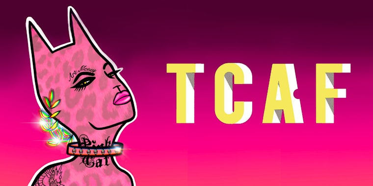 TCAF The Toronto Comic Arts Festival logo with The Pink Cat art on ombre pink to purple background