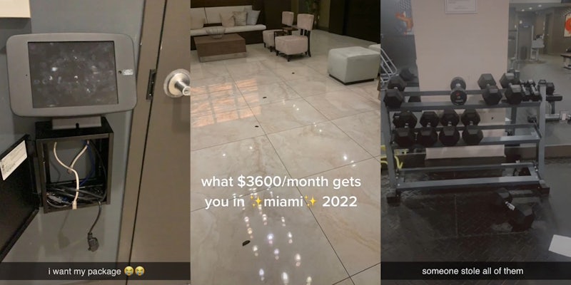 Broken electronics open on wall caption 'i want my package' (l) Apartment living room white sofa and chairs caption 'what $3600/month gets you in Miami 2022' (c) Apartment gym with missing dumbbells caption 'someone stole all of them' (r)