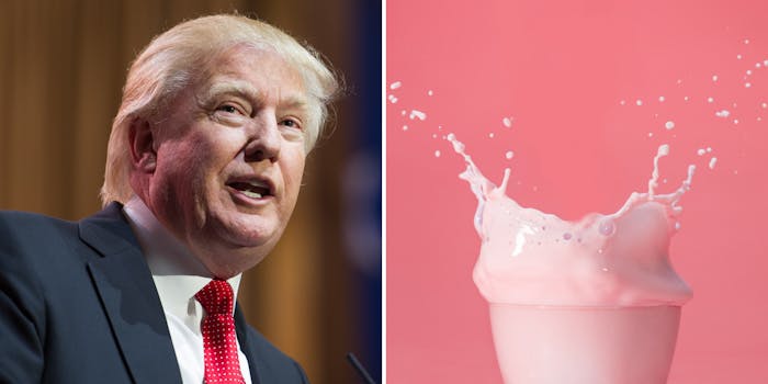 Donald Trump speaking (l) pink milkshake spilling drips splatter on pink background (r)
