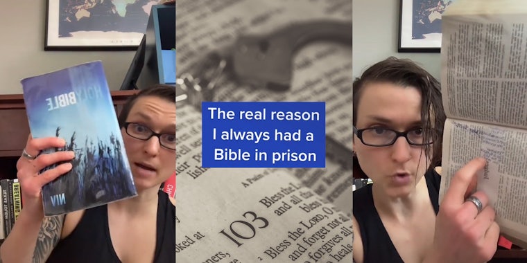 Woman holding up Bible (l) open Bible pages with handcuffs blurred on top caption 'The real reason I always had a Bible in prison' (c) woman holding Bible with writing in the inner margins pointing to address written in pen (r)