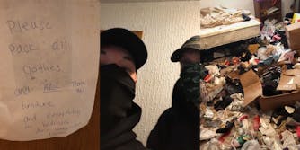 Note on door caption "Please pack all clothes and ALL furniture and everything in the bedroom don't worry about the kitchen" (l) two men in masks in the house (c) the house bedroom with garbage and clothes scattered bed and shelf (r)