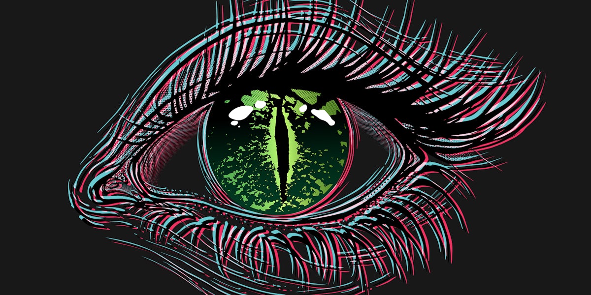 human eye with reptilian iris and pupil referencing tiktok reptoid theory