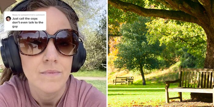 woman in sunglasses wearing headphones (l) grassy park with trees (r)