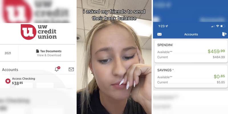 screenshot of online bank balances (l) (r) blonde woman looking bored (c)