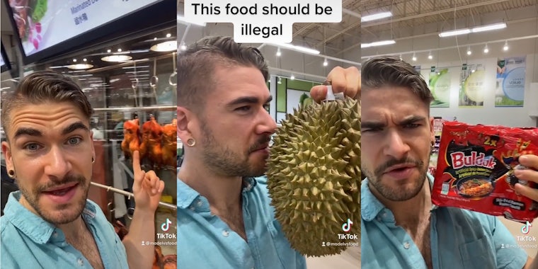 Man at Asian market pointing to chicken on rack (l) Man at Asian market sniffing durian fruit caption 'This food should be illegal' (c) Man at Asian market holding spicy noodles (r)
