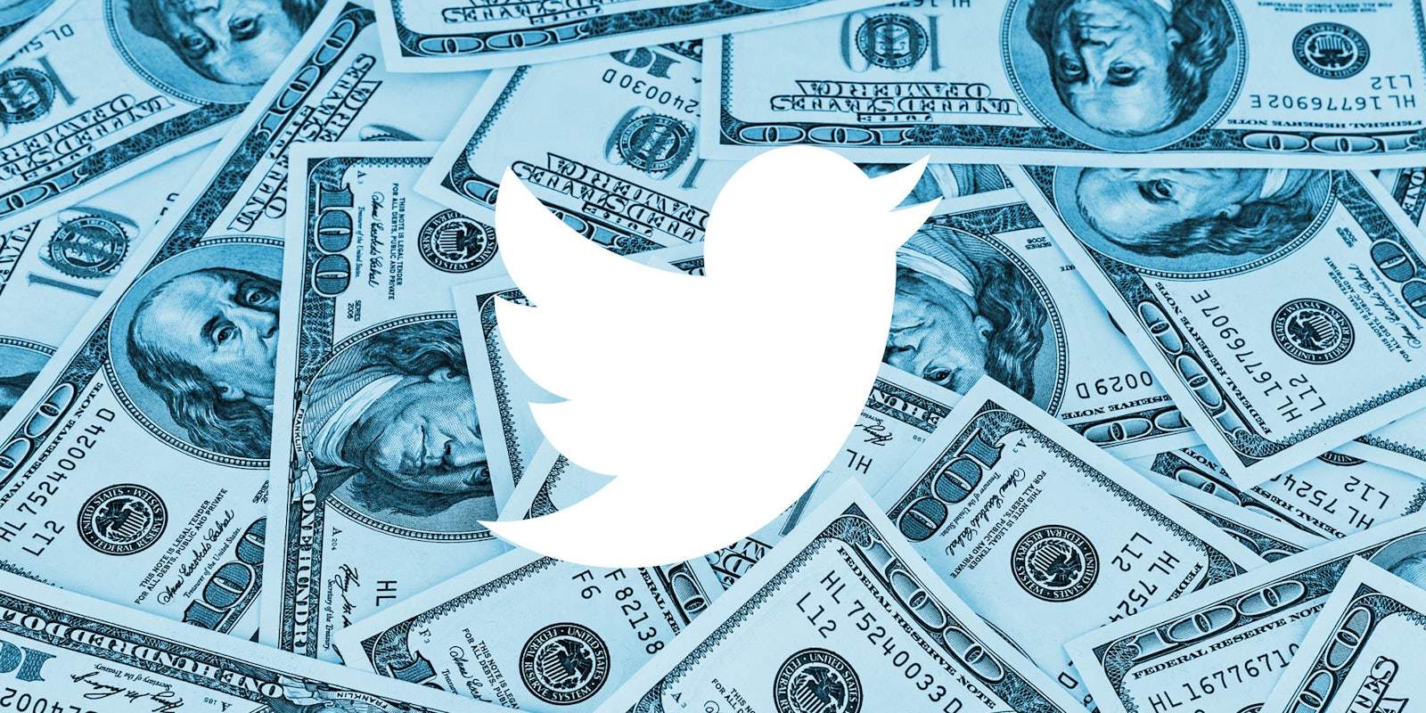 100 dollar bills scattered Twitter logo white centered