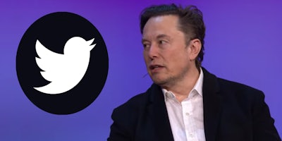 Elon Musk speaking into headset mic with twitter logo black and white on purple background