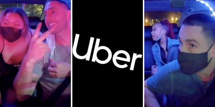 women sitting in car hitting on their male driver (l) (r) uber logo (c)