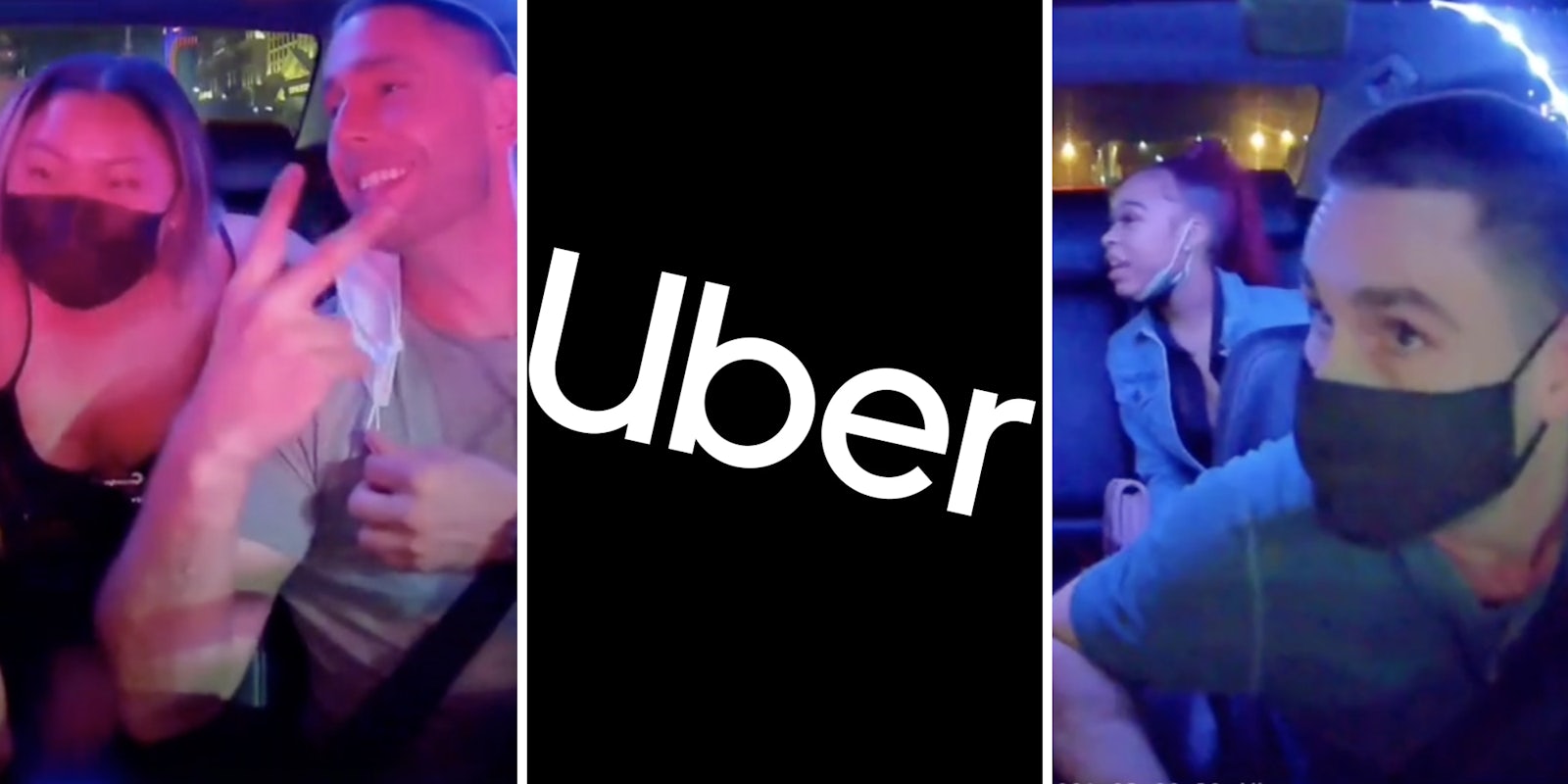 women sitting in car hitting on their male driver (l) (r) uber logo (c)