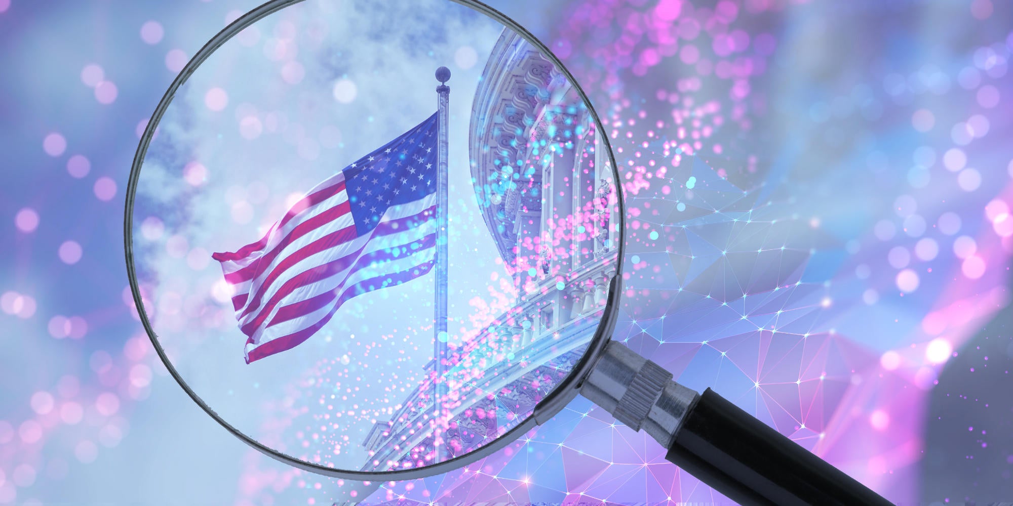 magnifying glass looking at cyber USA capitol building