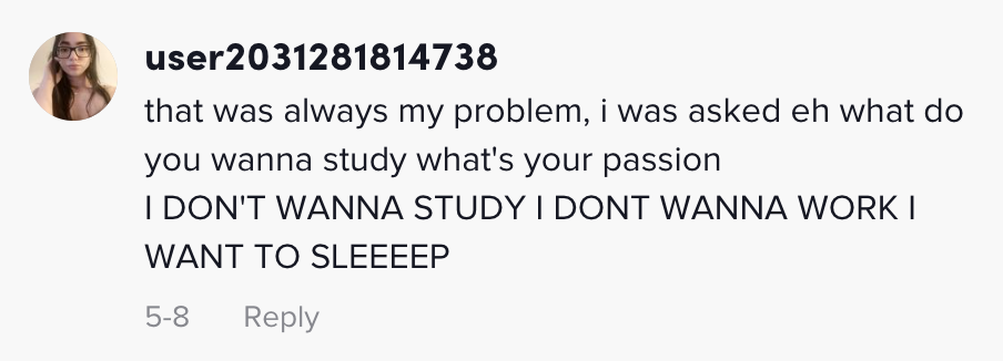 that was always my problem, i was asked eh what do you wanna study what's your passion I DON'T WANNA STUDY I DONT WANNA WORK I WANT TO SLEEEEP