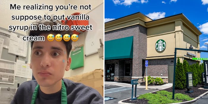 Starbucks employee eyes bulging worried expression caption "Me realizing you're not suppose to put vanilla syrup in the nitro sweet cream" (l) Starbucks Building outside with blue sky (r)