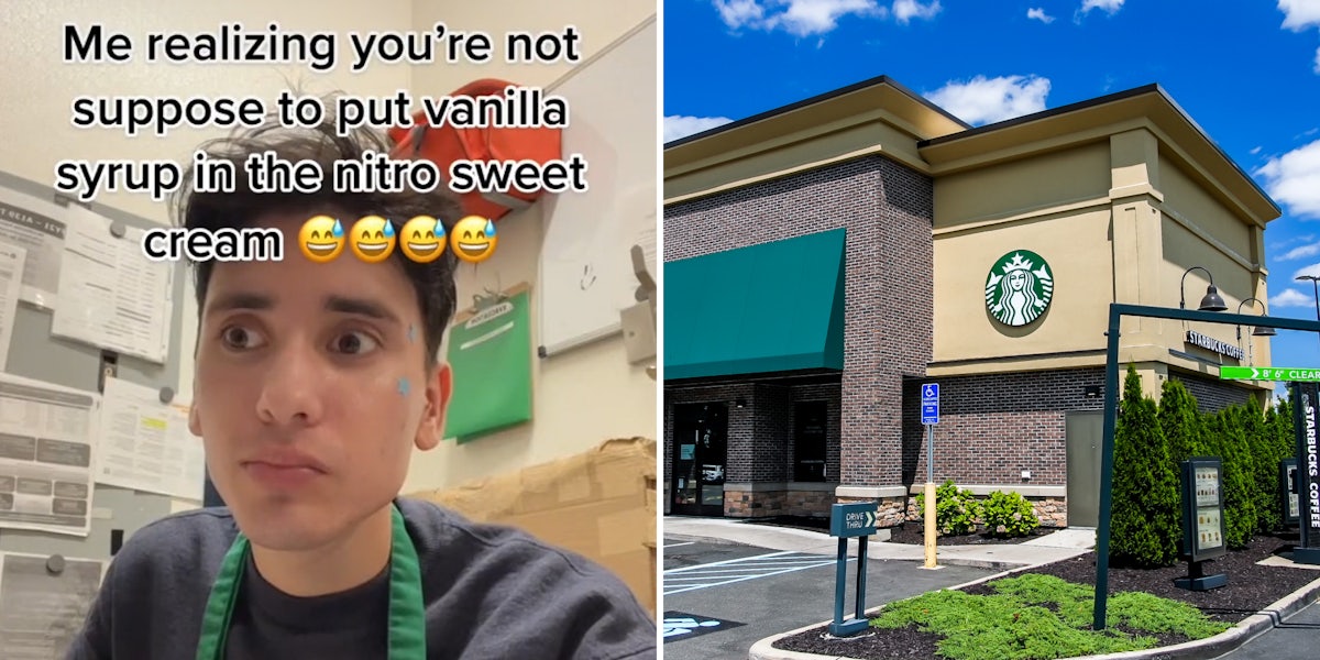 Starbucks employee eyes bulging worried expression caption 'Me realizing you're not suppose to put vanilla syrup in the nitro sweet cream' (l) Starbucks Building outside with blue sky (r)