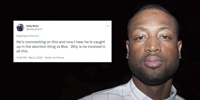 Dwayne Wade face on black background with Eddy Brian tweet to left caption "He's commenting on this and now I hear he is caught up in the abortion thing vs Roe. Why is he involved in all this."