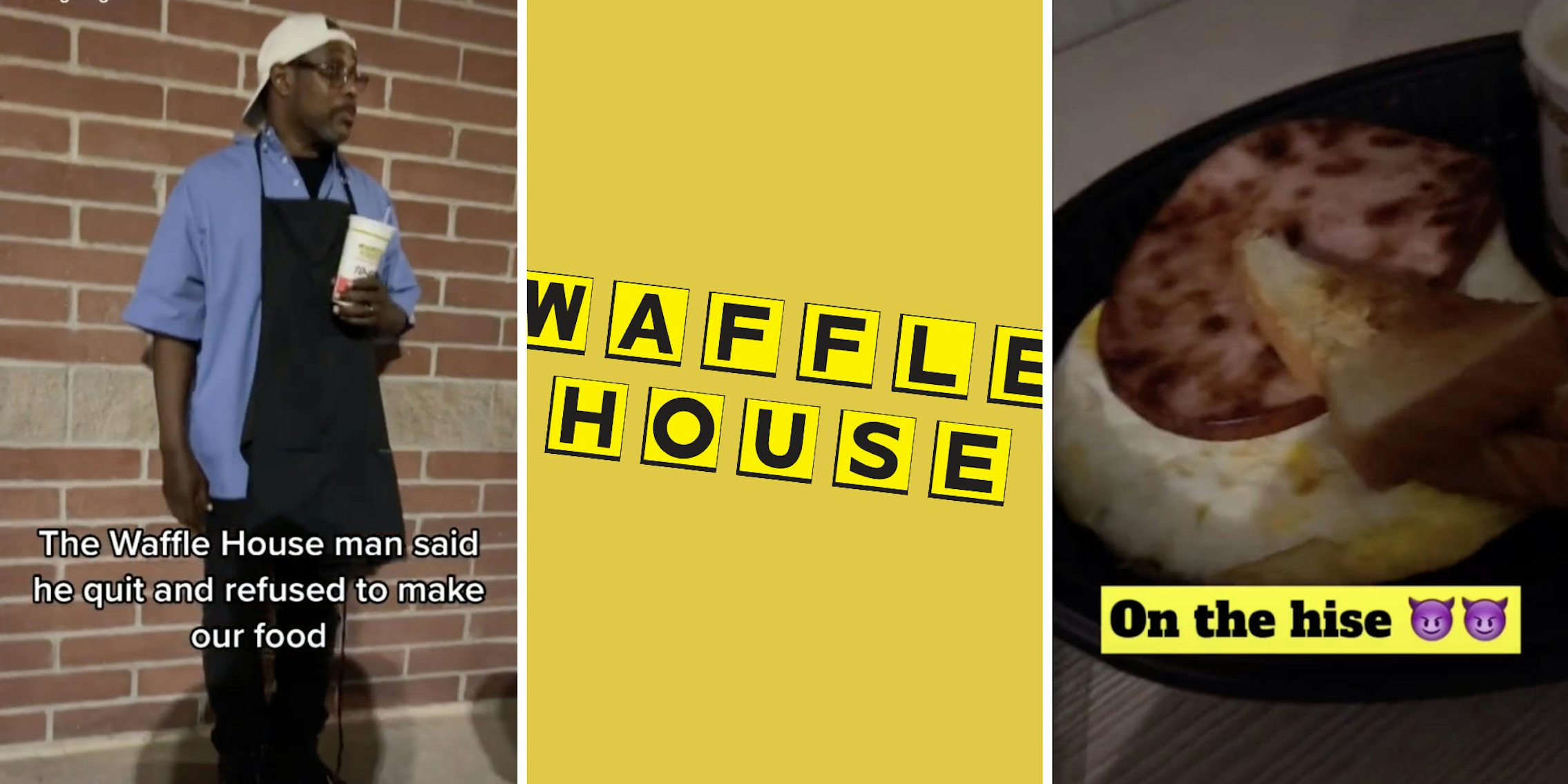man in apron standing in street (l) waffle house logo (c) plate of cooked food (r)
