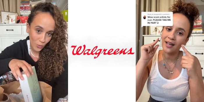 woman pulling covid tests out of walgreens bag (l) walgreens logo on white background (c) Woman speaking pointing to caption "Wow scam artists for real. TAG ME IN PART 2" (r)