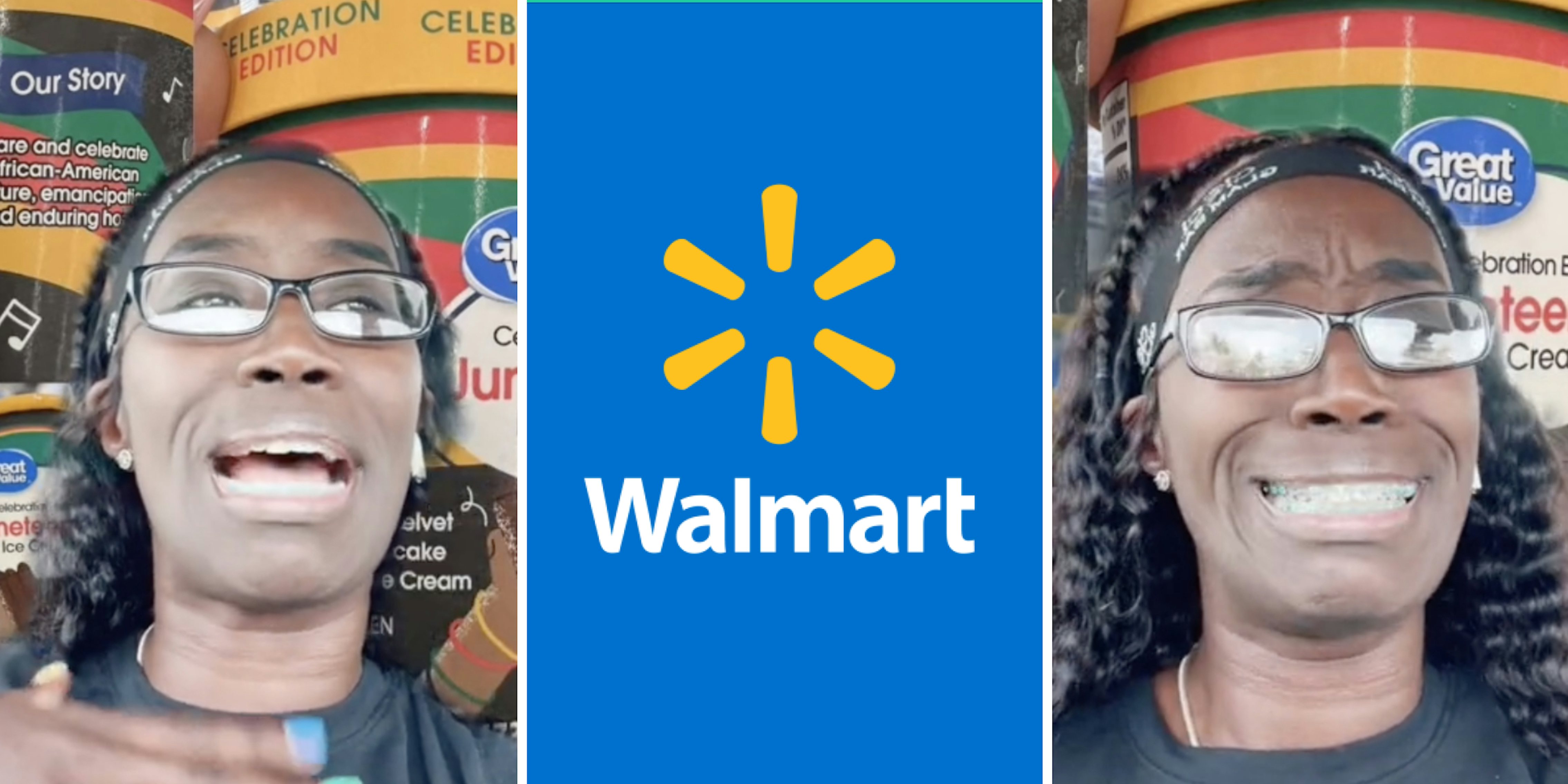 black woman talking to the viewer in front of ice cream (l) walmart logo (c) woman grimacing (r)