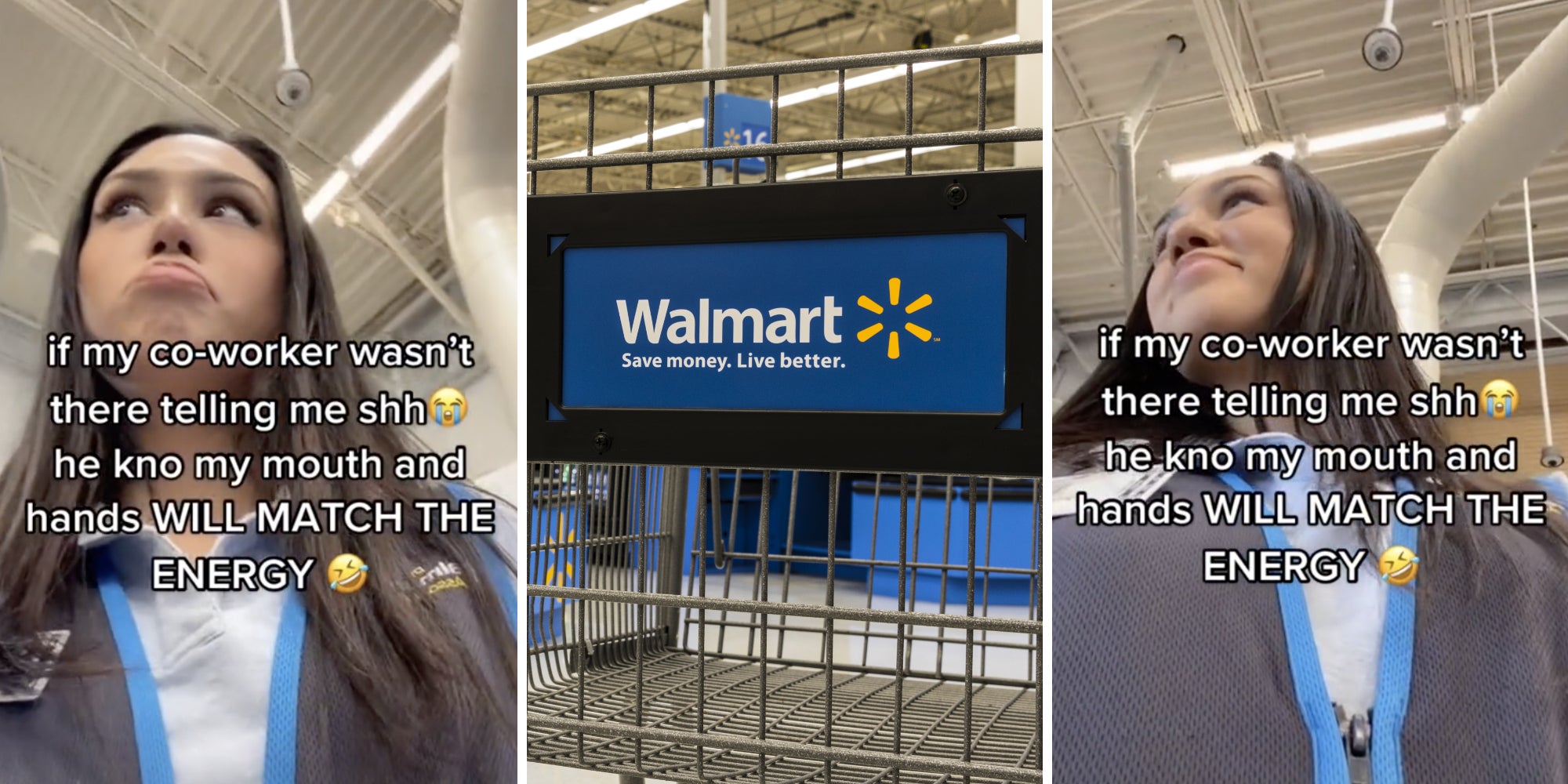 woman looking off screen (l) (r) walmart shopping cart (m)