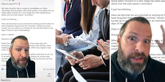 bearded man speaking in front of an email (l) various people in an interview (c) bearded man looking shocked (r)