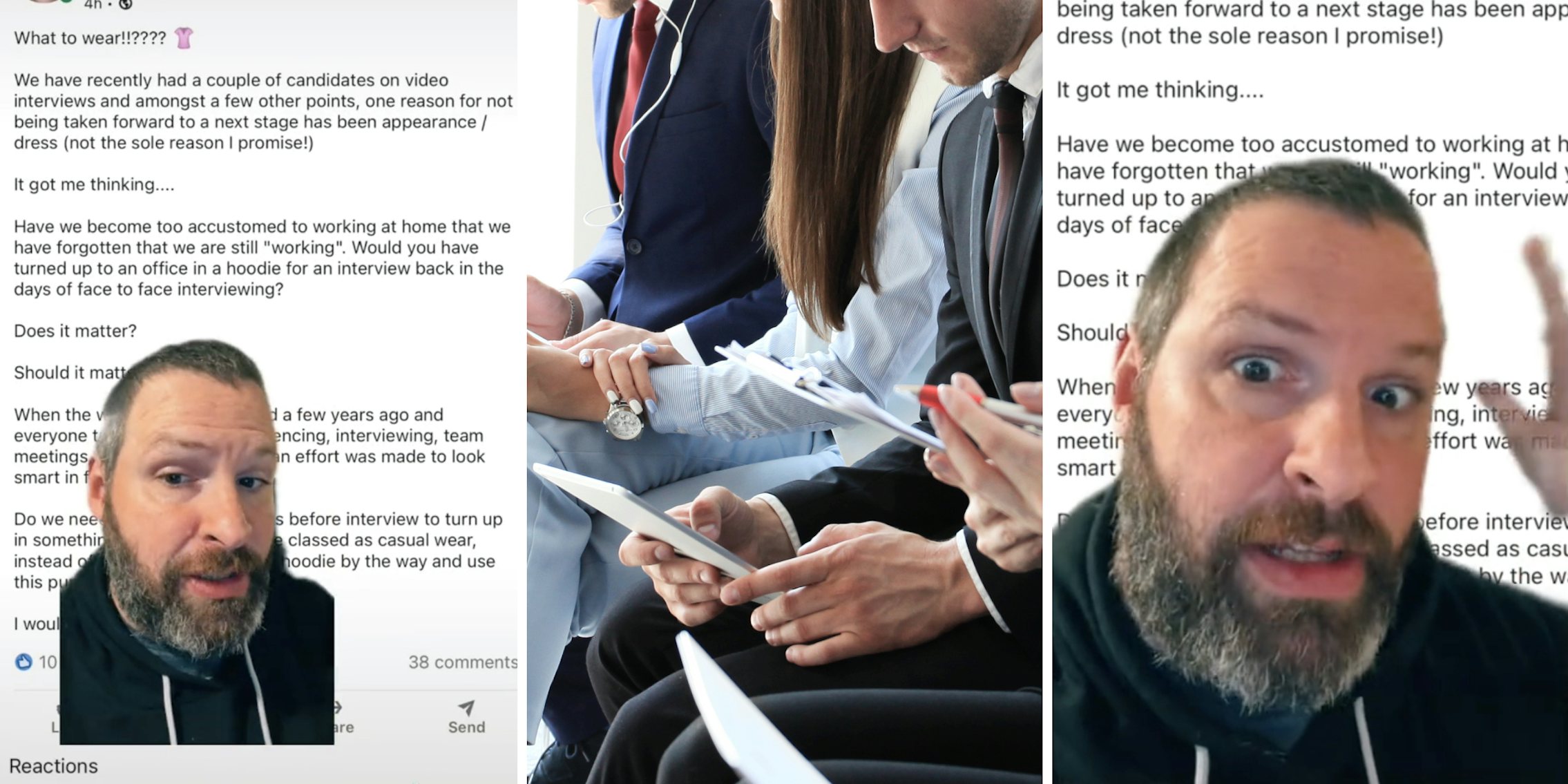 bearded man speaking in front of an email (l) various people in an interview (c) bearded man looking shocked (r)