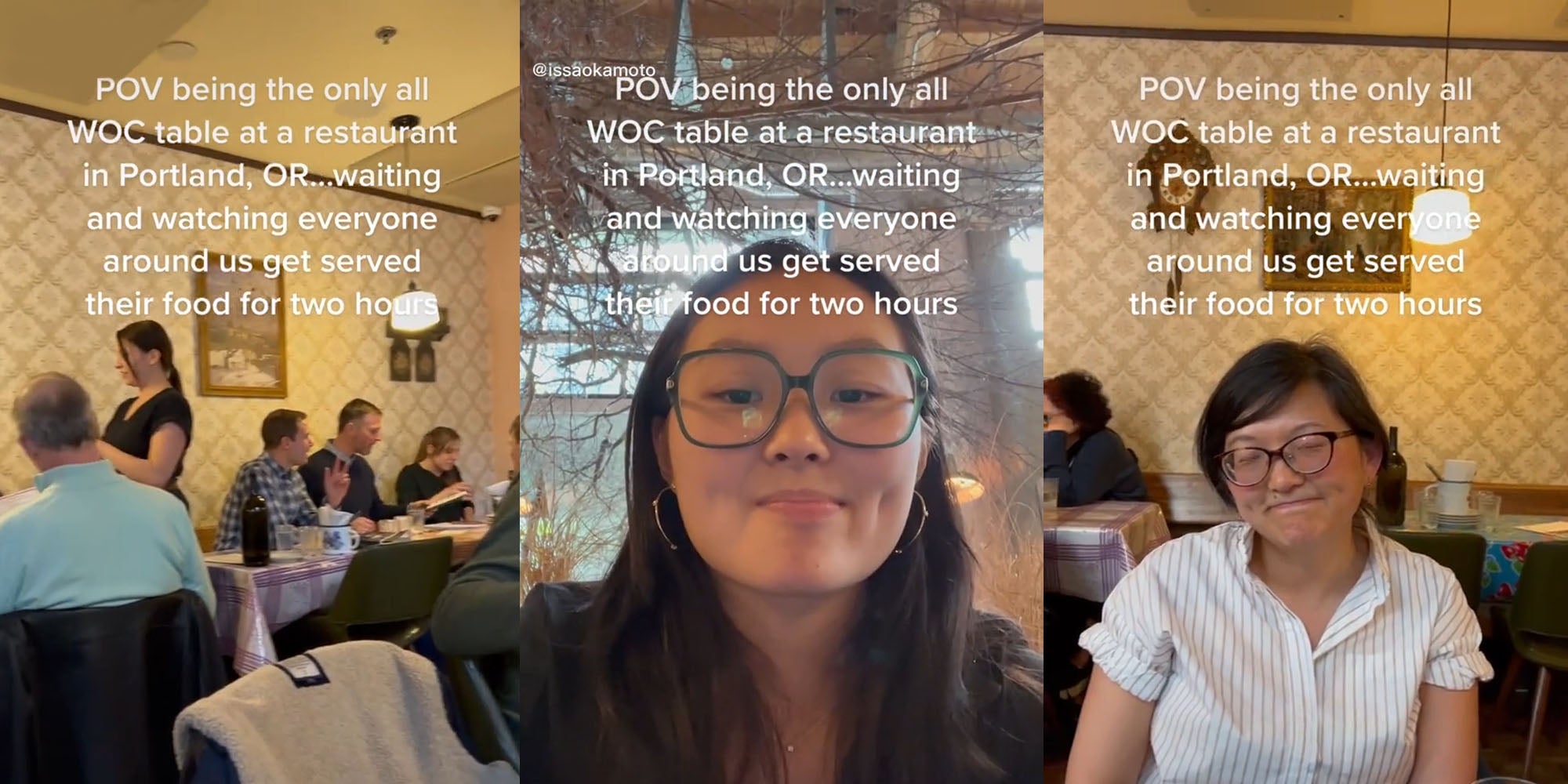 restaurant with people eating at tables caption 'POV being the only all WOC table at a restaurant in Portland, OR... waiting and watching everyone around us get served their food for two hours'(l) woman face nature behind her caption 'POV being the only all WOC table at a restaurant in Portland, OR... waiting and watching everyone around us get served their food for two hours' (c) woman sitting in chair at restaurant caption 'POV being the only all WOC table at a restaurant in Portland, OR... waiting and watching everyone around us get served their food for two hours' (r)