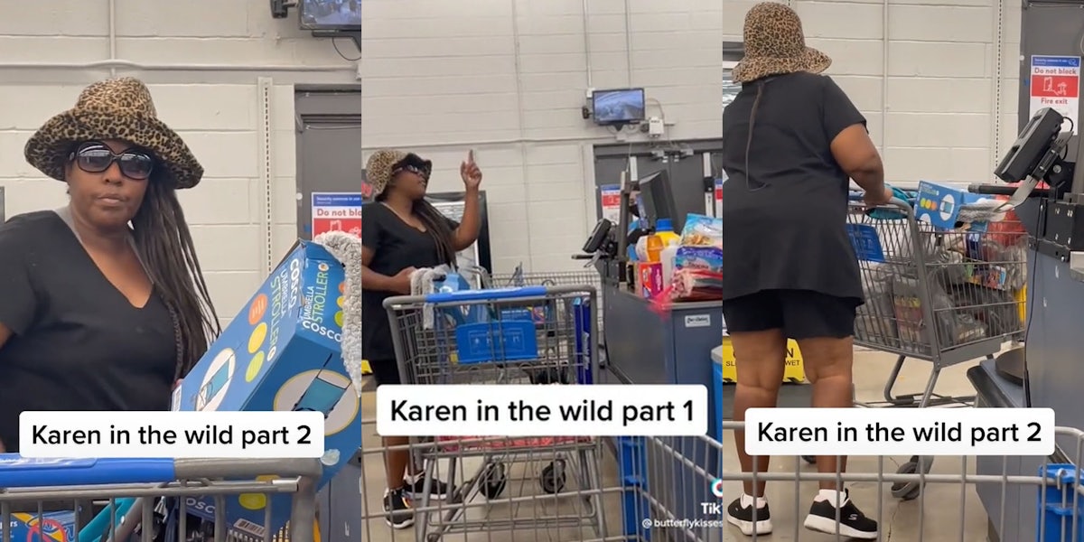 Woman at Walmart cash register staring at customer recording caption 'Karen in the wild part 2' (l) Woman at Walmart checkout hand up caption 'Karen in the wild part 1' (c) woman leaving Walmart checkout caption 'Karen in the wild part 2' (r)