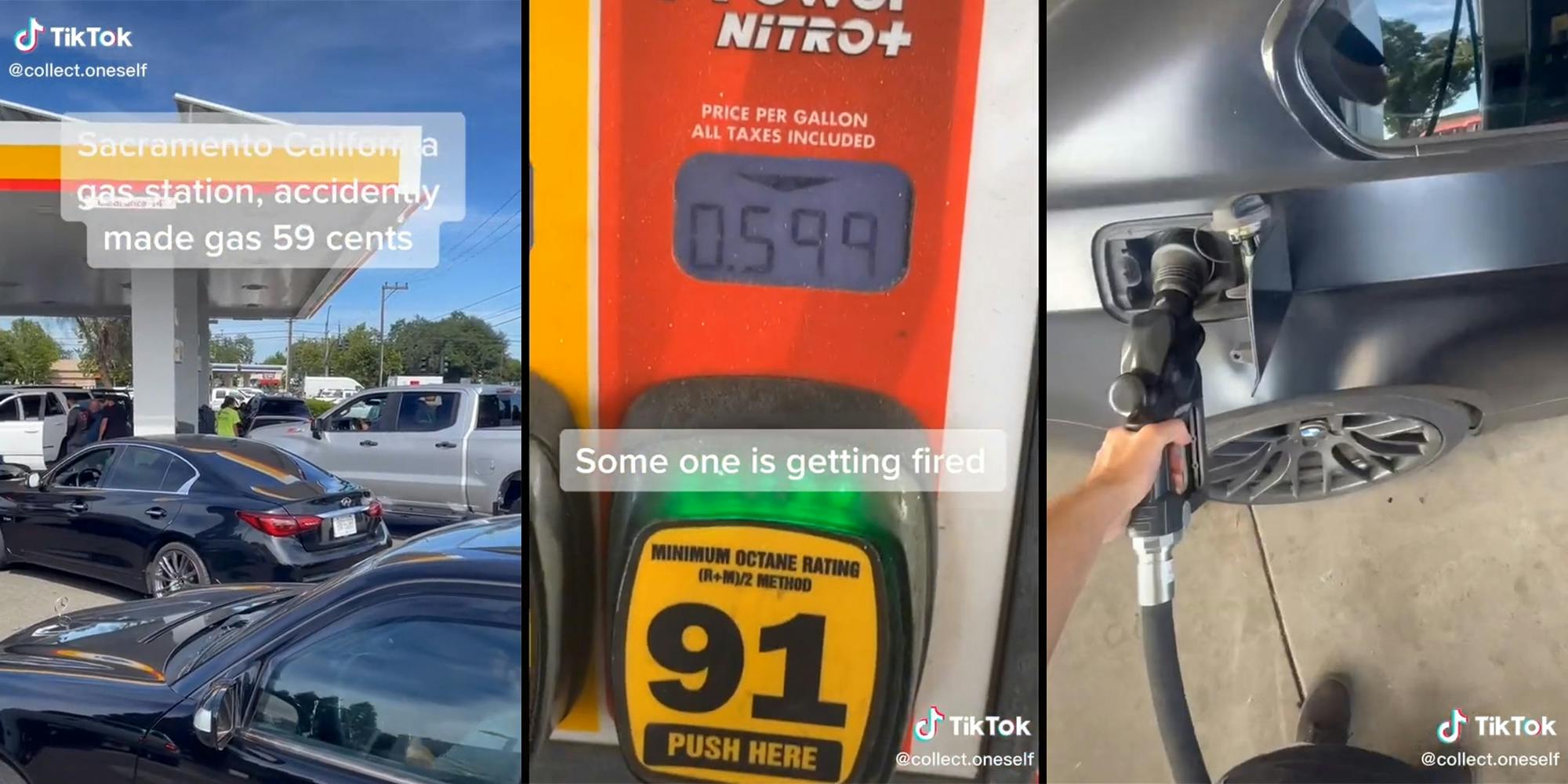cars packed into gas station with caption "sacramento california gas station, accidently made gas 59 cents" (l) gas pump with .59 price indicator and caption "some one is getting fired" (c) hand pumping gas into car (r)