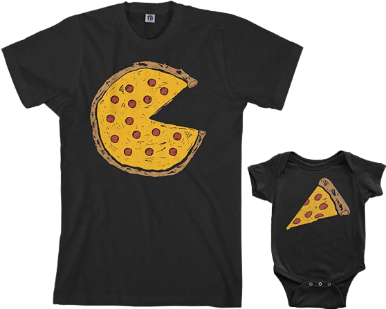 T-shirt and baby onesie with a pizza on the front