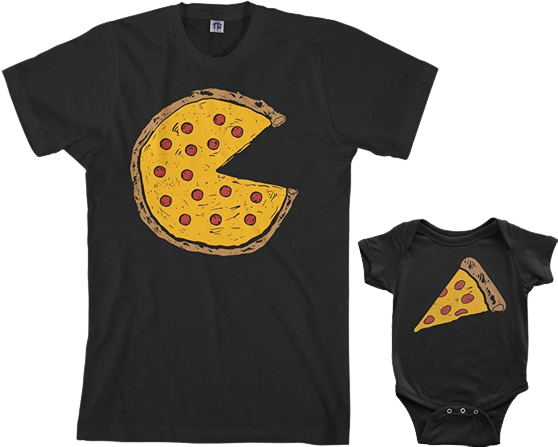 T-shirt and baby onesie with a pizza on the front