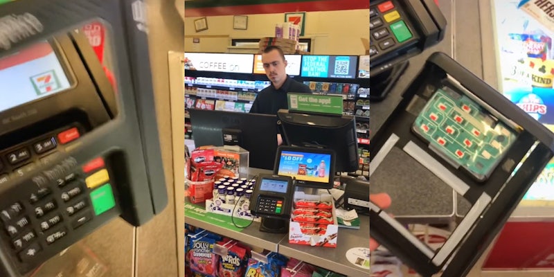 pulling skimmer off of debit card reader (l) 7-11 worker behind counter (c) back of credit card skimmer