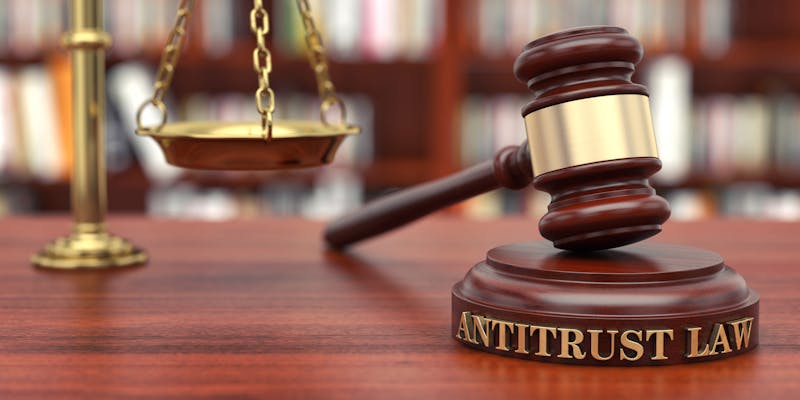 A gavel hitting an object that says 'antitrust law' on it.