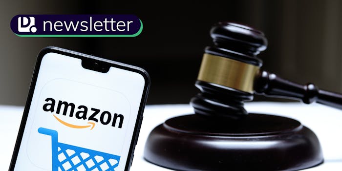 A smartphone with the Amazon logo on it with a gavel in the background. The Daily Dot newsletter logo is in the top left corner.