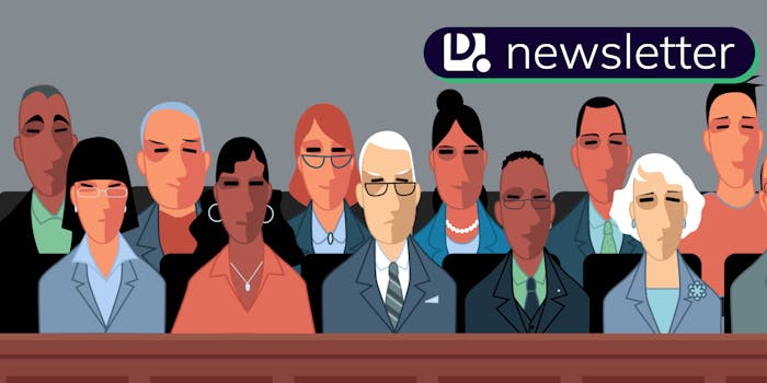 A cartoon of a jury. The Daily Dot newsletter logo is in the top right corner.