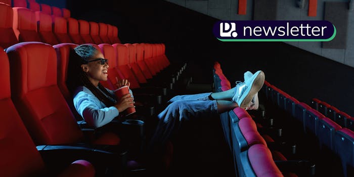 A woman sitting alone in an empty movie theater. The Daily Dot newsletter logo is in the top right corner.