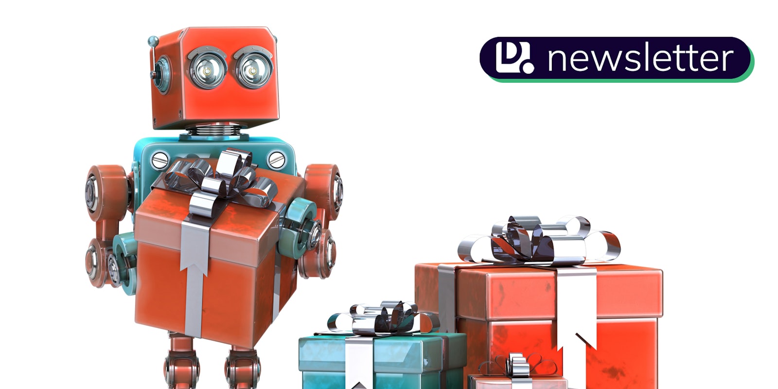 A robot holding a birthday present. The Daily Dot newsletter logo is in the top right corner.