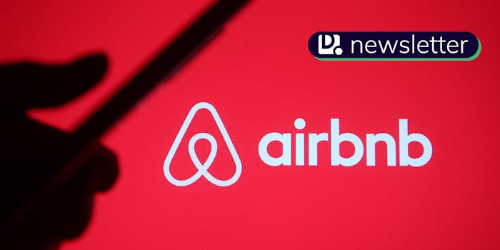 A silhouette of someone holding a phone in front of the Airbnb logo. The Daily Dot newsletter logo is in the top right corner.