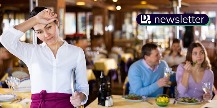 A frustrated waitress with two people eating in the background. In the top right corner is the Daily Dot newsletter image.