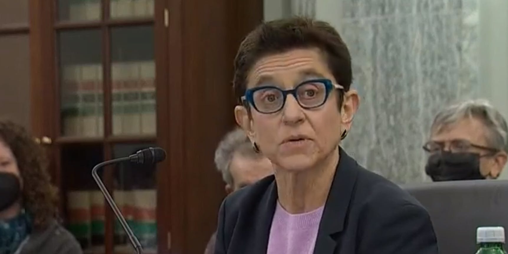 Gigi Sohn testifying during a confirmation hearing in December 2021.