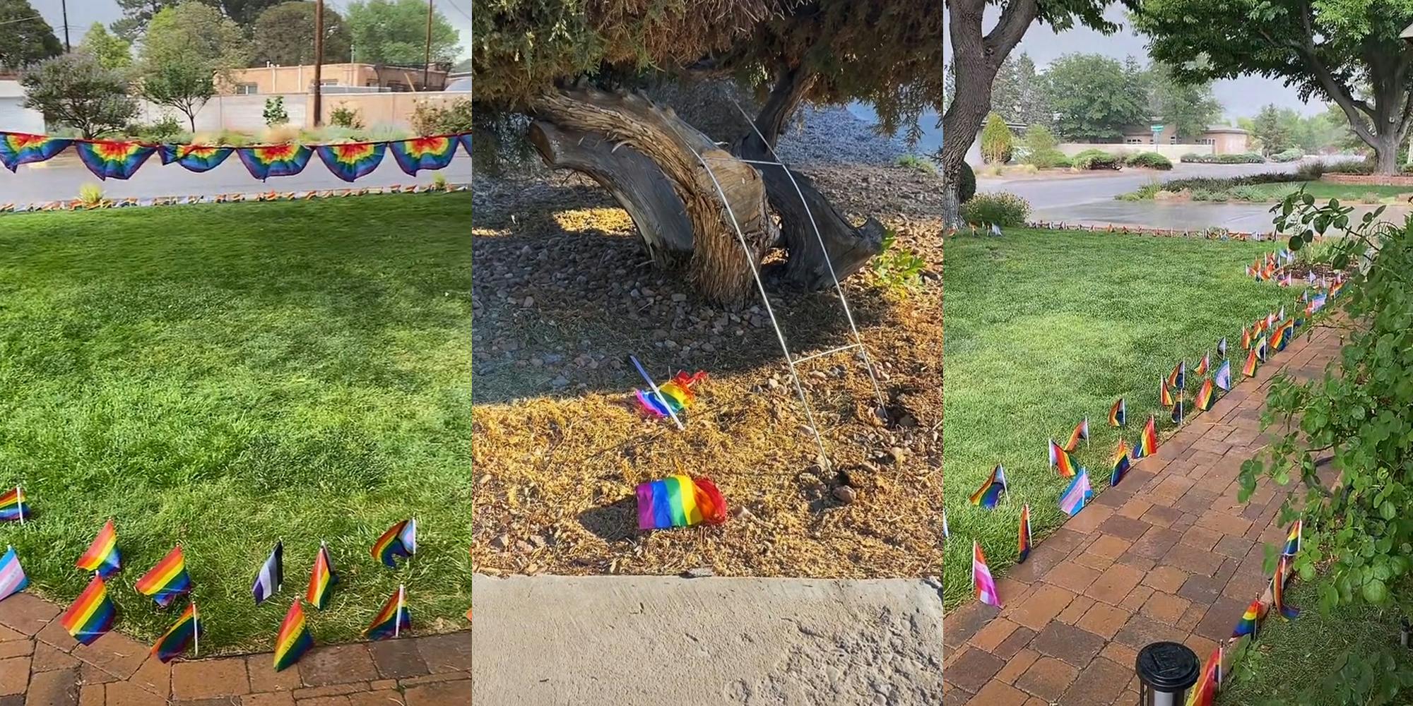Yard with Pride decorations hung between trees and flags lining brick pathway (l) Pride flag damaged on ground up against tree (c) Pride flags lining brick pathway leading to driveway (r)