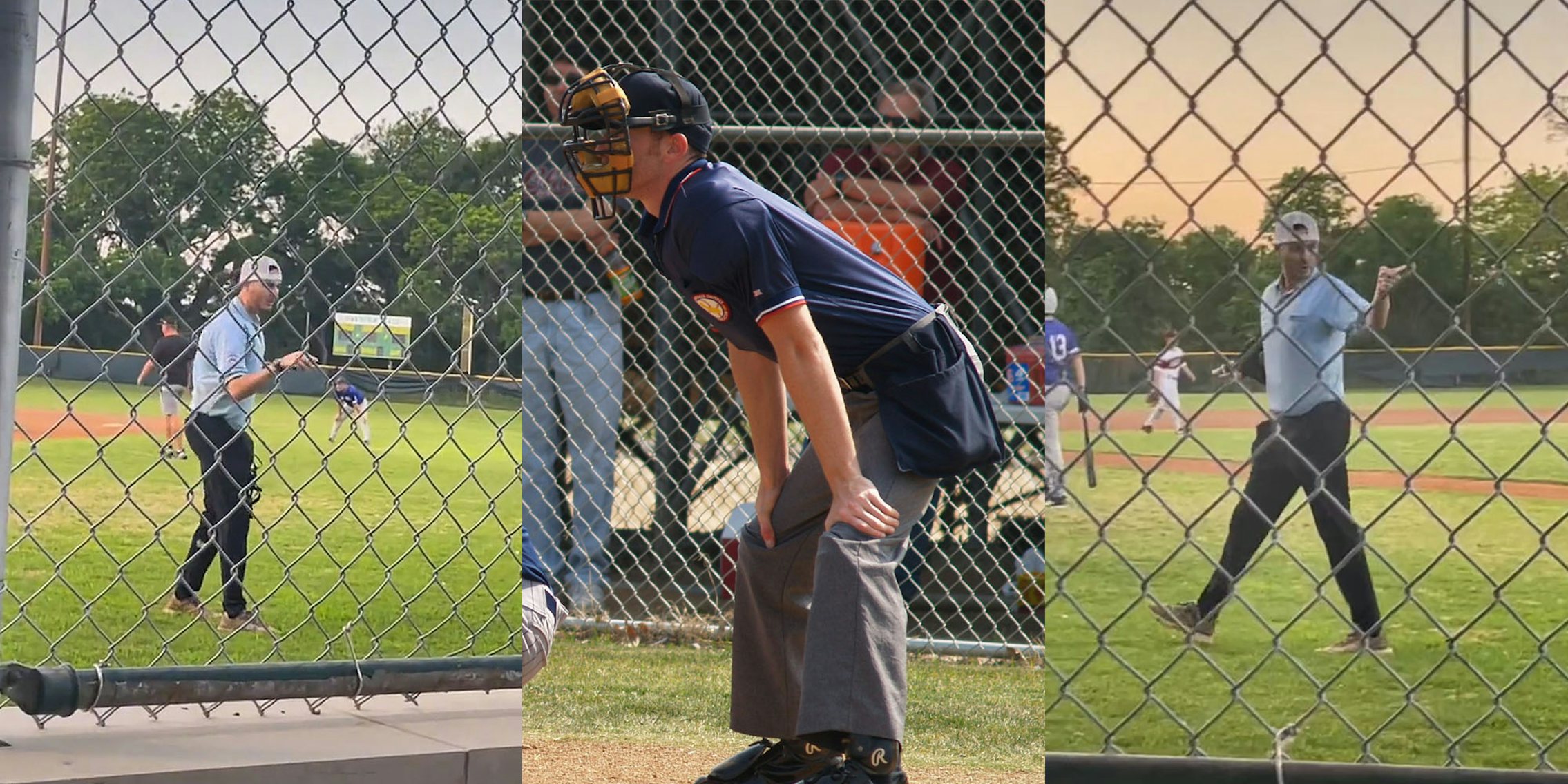 Little league umpire on field pointing hand shouting (l) Little league umpire positioned on field (c) Little league umpire pointing finger walking back to field (r)