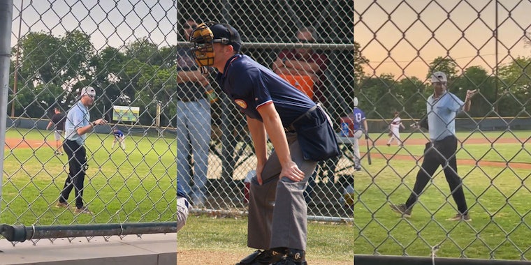 Little league umpire on field pointing hand shouting (l) Little league umpire positioned on field (c) Little league umpire pointing finger walking back to field (r)