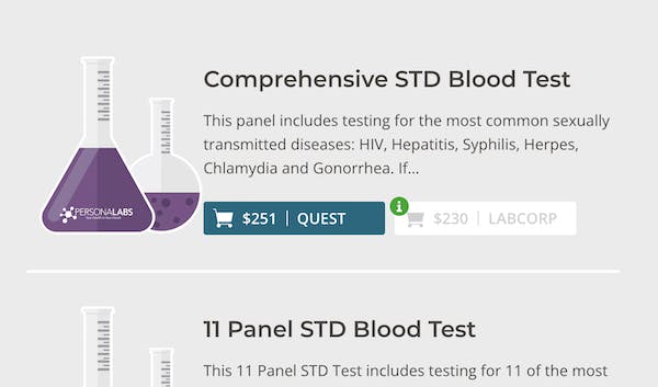 PersonaLabs home STD test product menu