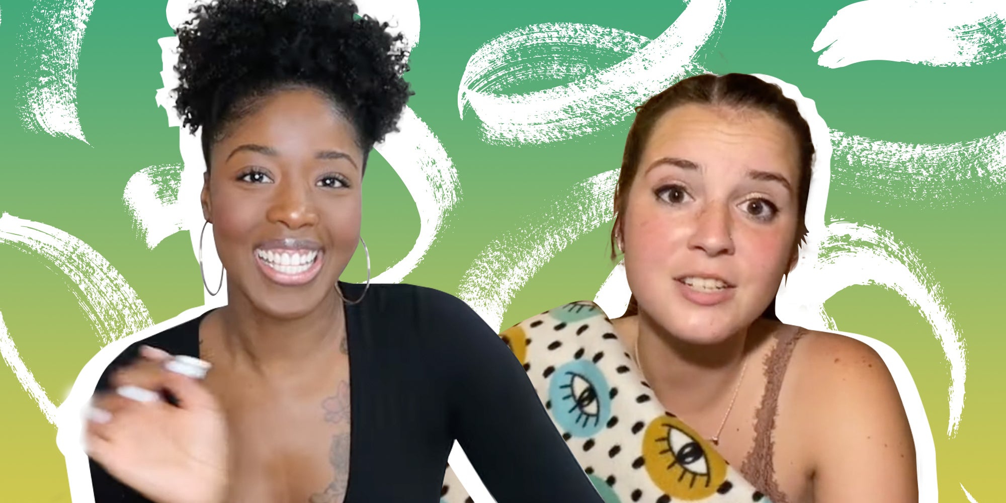 Two women in front of a swirly background