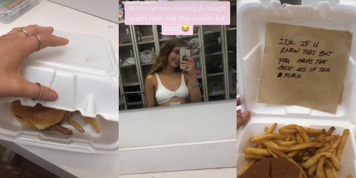 worker opening to-go box of food on white counter (l) worker mirror selfie style recording caption "When youre having a rough night and ask the cooks for food" (c) to-go box of food open fries and burger with note above "IDK if u know this but you have the best ass in this place" (r)