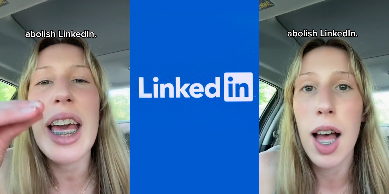 woman speaking in car hand up caption 'abolish LinkedIn' (l) Linkedin logo on blue background (c) woman speaking in car caption 'abolish LinkedIn' (r)