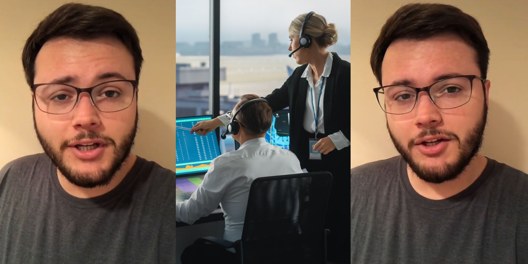 Man speaking on tan background (l) air traffic controllers at desk with computer and headsets (c) man speaking tan background (r)