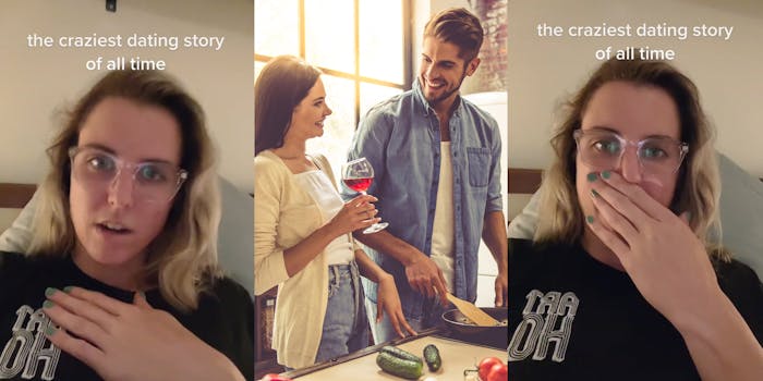 woman hand on chest caption "the craziest dating story of all time" (l) man and woman on date man cooking for woman holding wine glass in her hand (c) woman hand over mouth shocked caption "the craziest dating story of all time" (r)