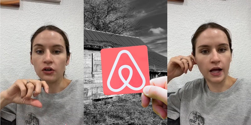 woman speaking hand out (l) windowless shack in creepy field in black and white with hand holding Airbnb logo sticker (c) woman speaking hand on ear (r)