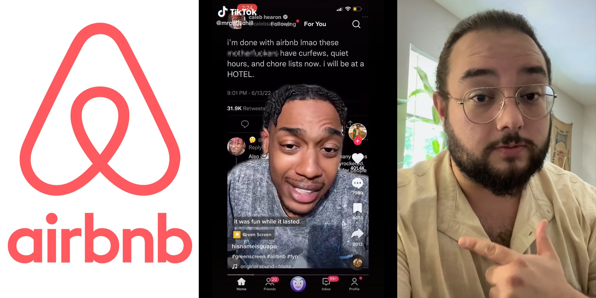 airbnb logo (l) man with caption 'I'm done with airbnb lmao these motherfuckers have curfews, quiet hours, and chore lists now. I will be at a HOTEL.' (c) man pointing to the left (r)